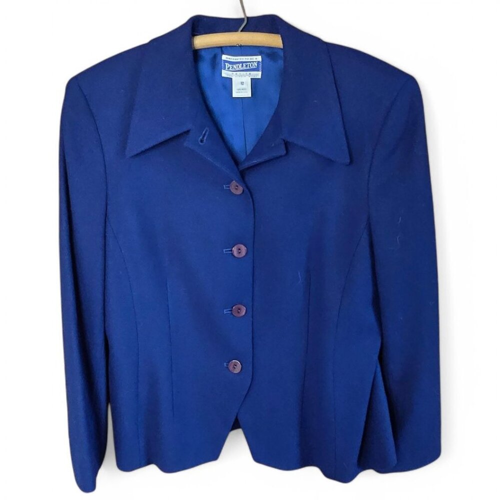 Vintage Pendleton Womens Petite Size 12 100% Wool Blazer Blue Button-Front